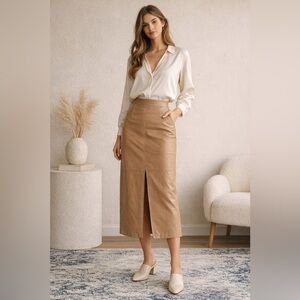 Saint Tropez 100% Leather Midi Skirt Fawn Brown Front Slit Minimalist Size S